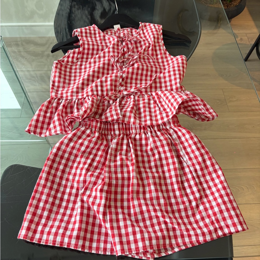 SHEIN Red and White Gingham Peplum Two-Piece Set